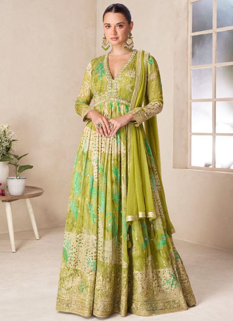 Green Chinon Embroidered Sequins Digital Print Anarkali Suit Festive Wear