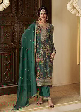 Green Chinon Embroidered Sequins Digital Print Straight Pant Suit