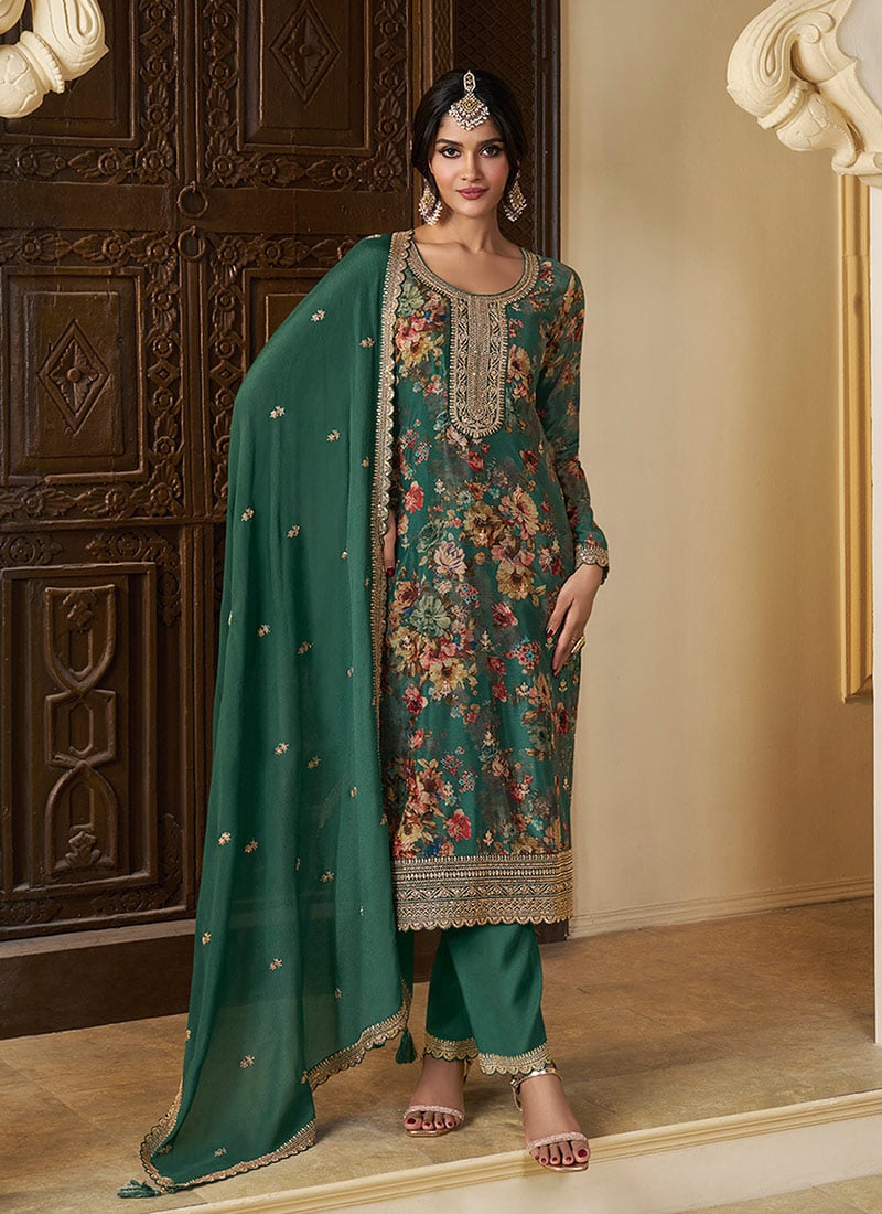 Green Chinon Embroidered Sequins Digital Print Straight Pant Suit