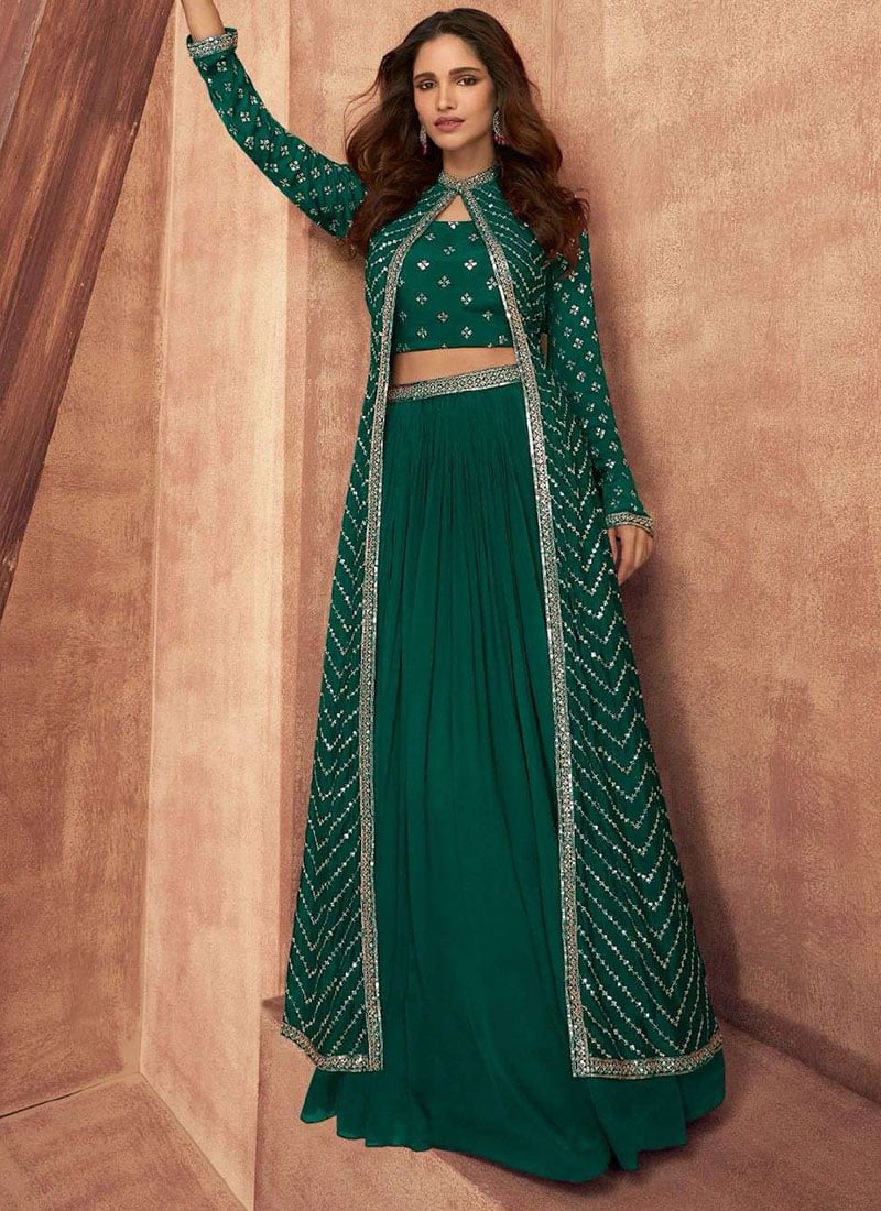 Green Chinon Embroidered Sequins Indowestern Long Jacket Skirt Set After Six Wear