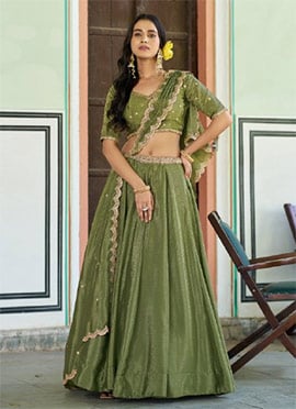 Green Chinon Embroidered Sequins Lehenga