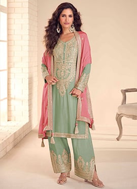 Green Chinon Embroidered Sequins Pakistani Straight Pant Suit