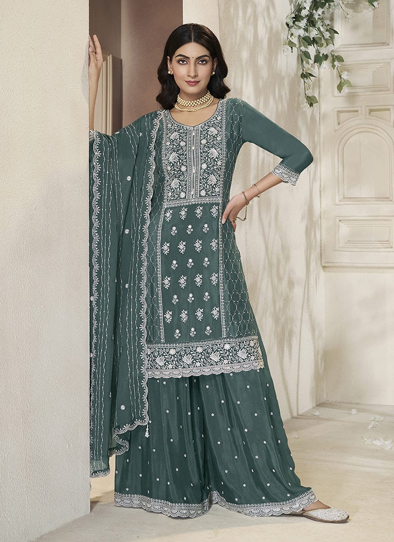 Green Chinon Embroidered Sequins Palazzo Suit
