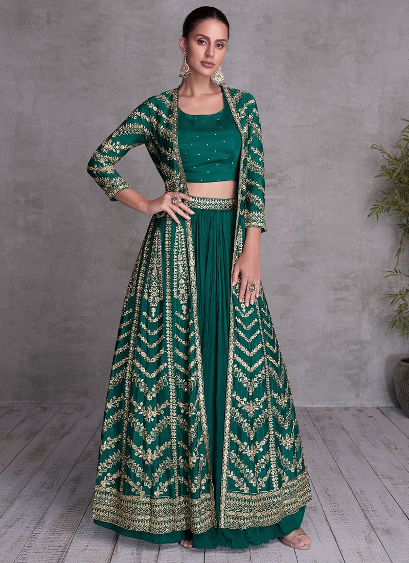 Green Chinon Embroidered Sequins Regal Indowestern Sets Wedding Wear-IWSUSCC53337437
