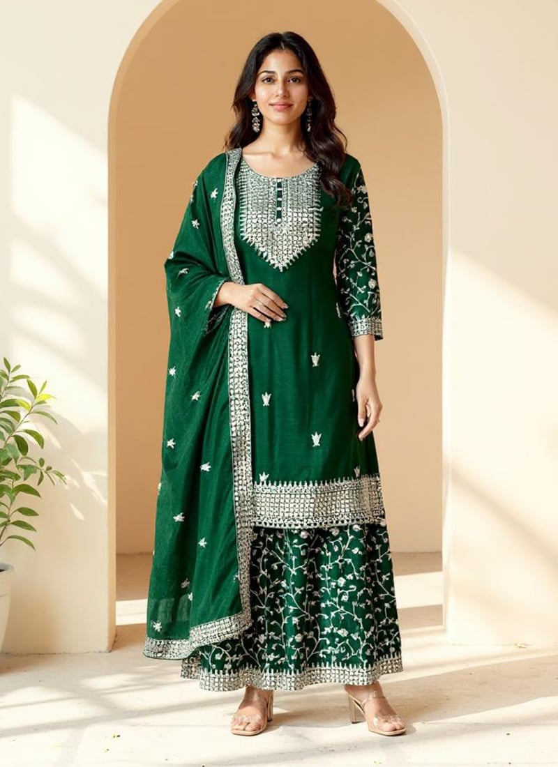 Green Chinon Embroidered Sequins Sharara Suit Festive Wear