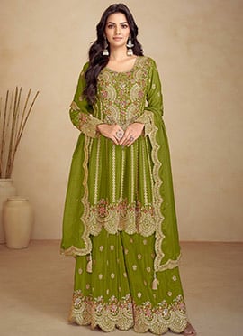 Green Chinon Embroidered Sequins Stunning A Line Palazzo Suit