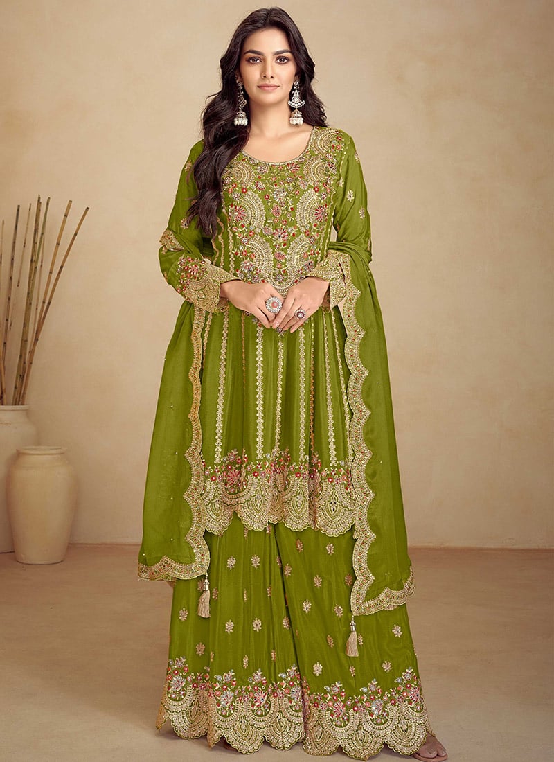 Green Chinon Embroidered Sequins Stunning A Line Palazzo Suit  Wedding Wear
