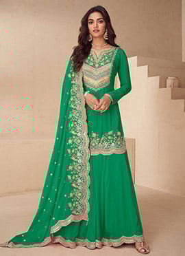 Green Chinon Embroidered Sequins With Stone Work Palazzo Suit