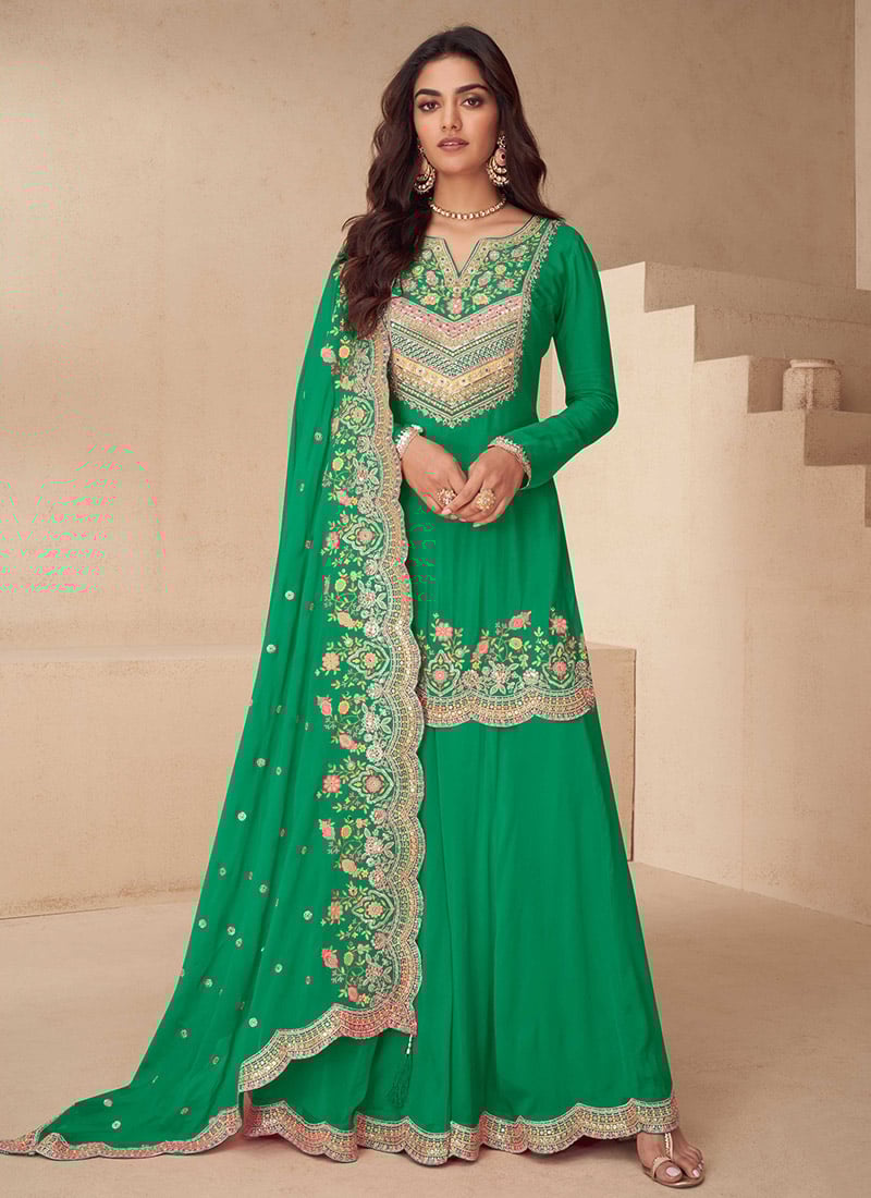 Green Chinon Embroidered Sequins With Stone Work Palazzo Suit Festive Wear