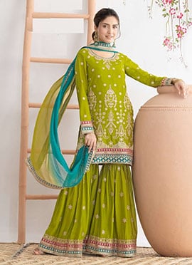 Green Chinon Embroidered Sharara Suit