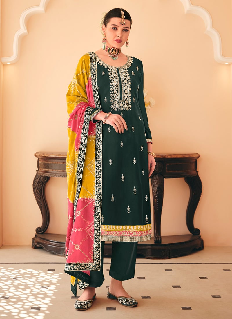 Green Chinon Gota Patti Embroidered Straight Pant Suit Party Wear
