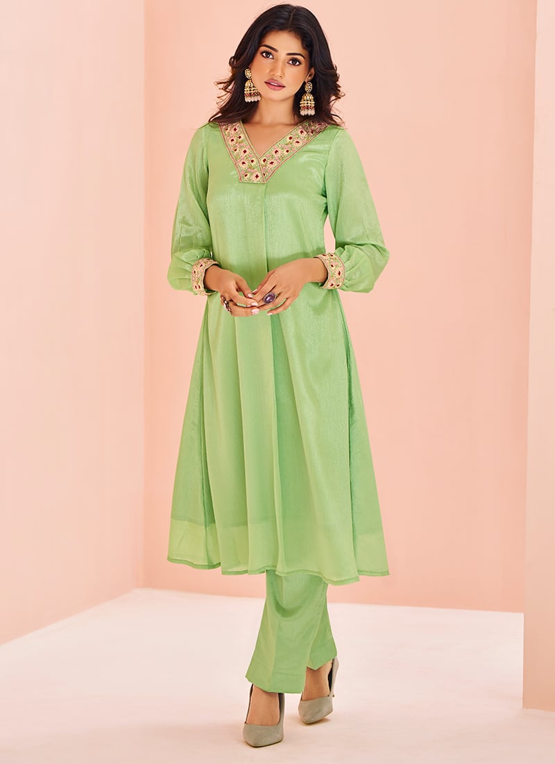 Green Chinon Hand Work Kurta Straight Pant Set After Six Wear
