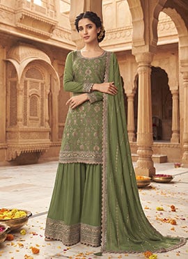 Green Chinon Jacquard Embroidered Palazzo Suit