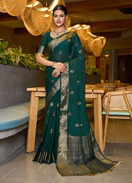 Green Chinon Jacquard Woven Saree Festive Wear