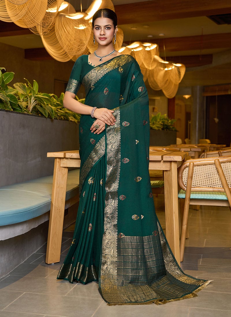 Green Chinon Jacquard Woven Saree Festive Wear-SASACZ6925