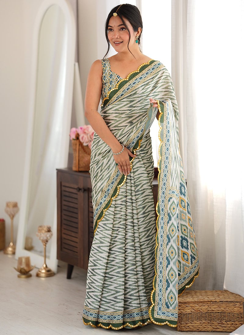 Green Chinon Mirror Work Printed Saree After Six Wear