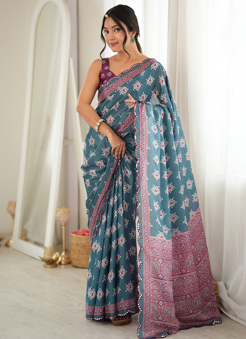 Green Chinon Mirror Work Printed Saree After Six Wear