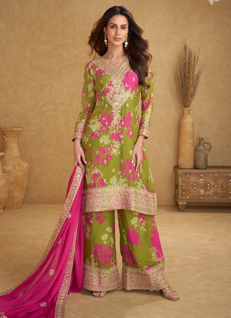 Green Chinon Mirror Work Sequins Embroidered And Digital Print Palazzo Suit Festive Wear