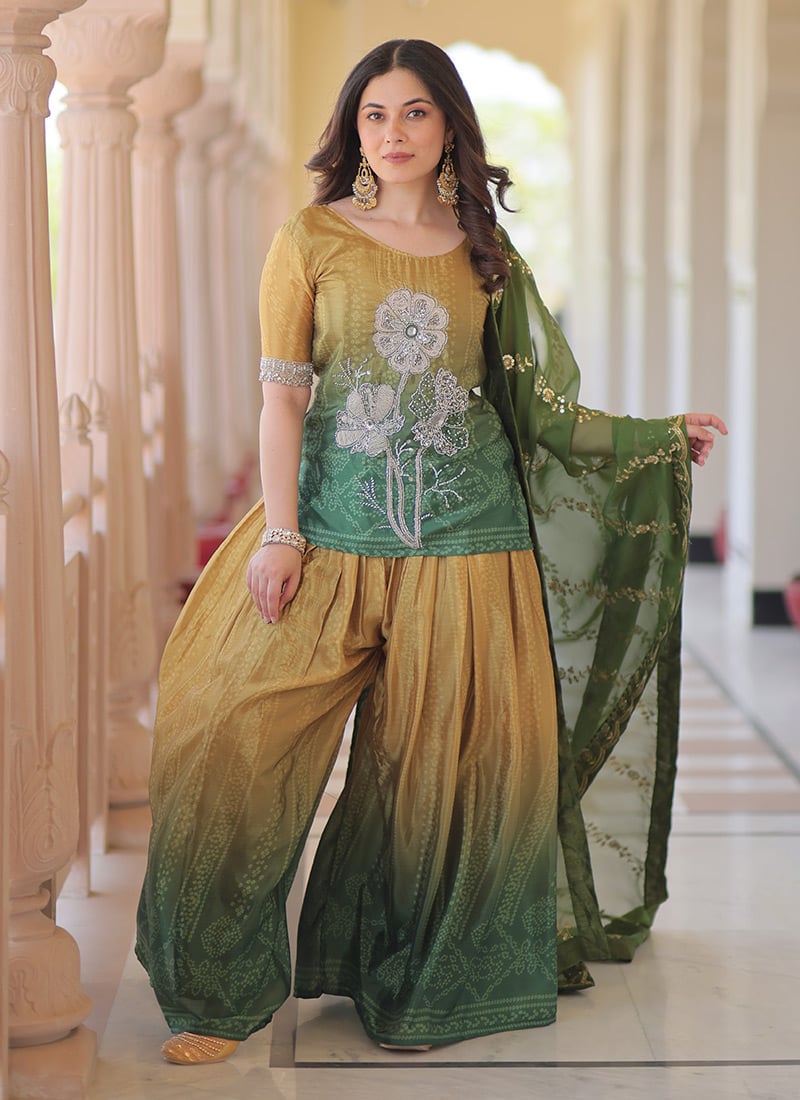 Green Chinon Palazzo Suit With Bandhini Print And Embroidery Sequins Festive Wear