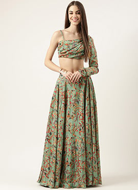 Green Chinon Printed Skirt Set