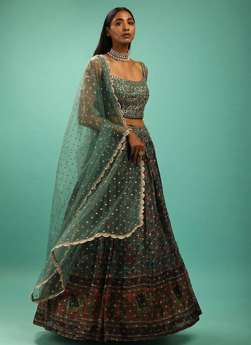 Green Chinon Printed Zari Embroidered Sequins Lehenga Wedding Wear