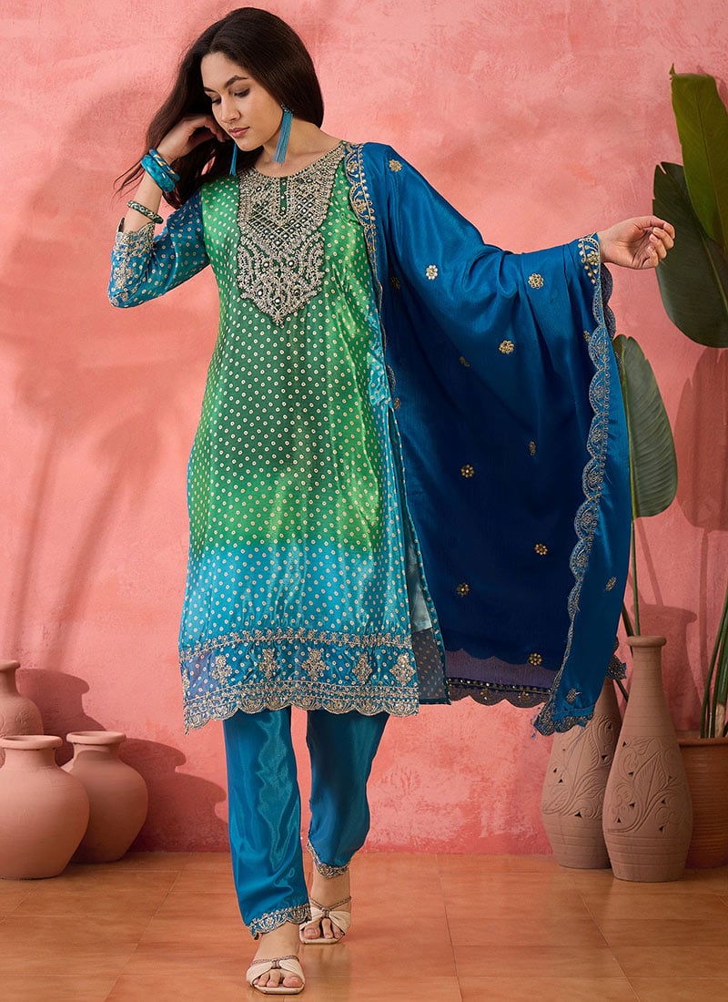 Green Chinon Silk Bandhani Print Embroidered Sequins Straight Pant Suit