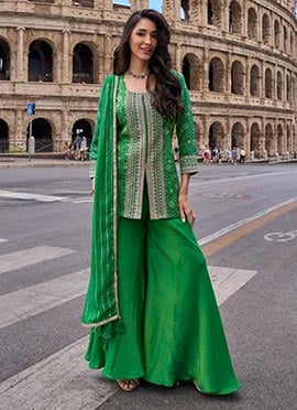 Green Chinon Silk Bandhini Embroidered Sequins Palazzo Suit