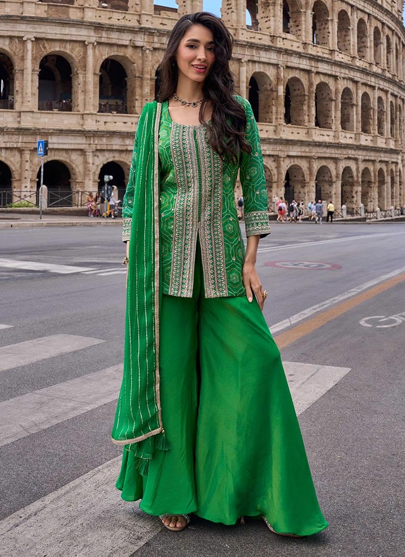 Green Chinon Silk Bandhini Embroidered Sequins Palazzo Suit Festive Wear