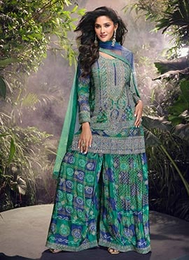 Green Chinon Silk Bandhini Print Embroidered Stones Sequins Elegant Palazzo Suit