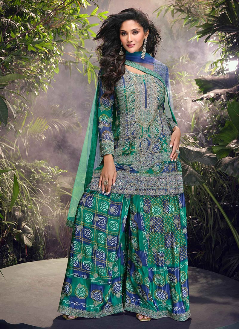 Green Chinon Silk Bandhini Print Embroidered Stones Sequins Elegant Palazzo Suit Festive Wear