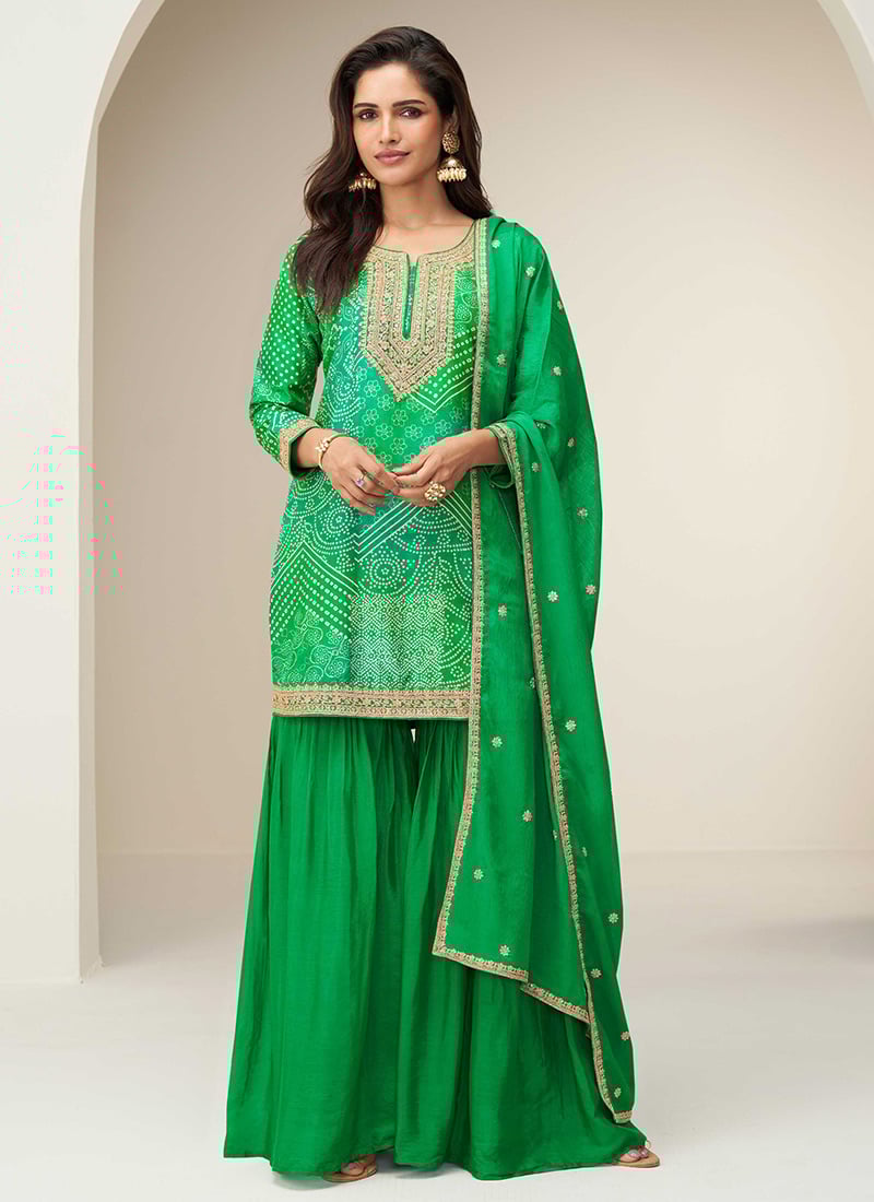 Green Chinon Silk Bandhini Print Zari Embroidered Sequins Sharara Suit Festive Wear