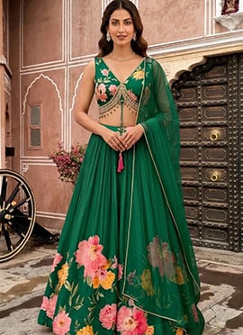 Green Chinon Silk Cutdana Beads Hand Embroidered Digital Print Lehenga