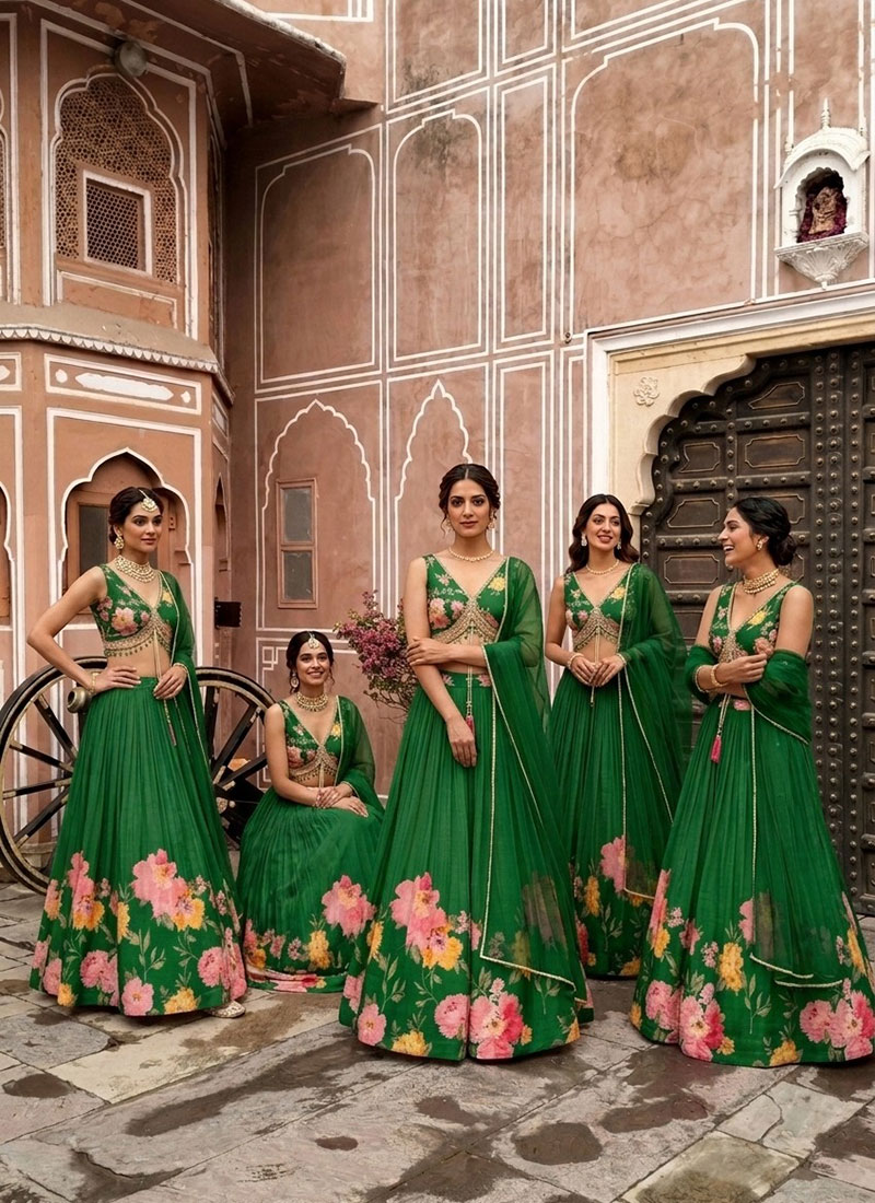 Green Chinon Silk Cutdana Beads Hand Embroidered Digital Print Lehenga Wedding Wear