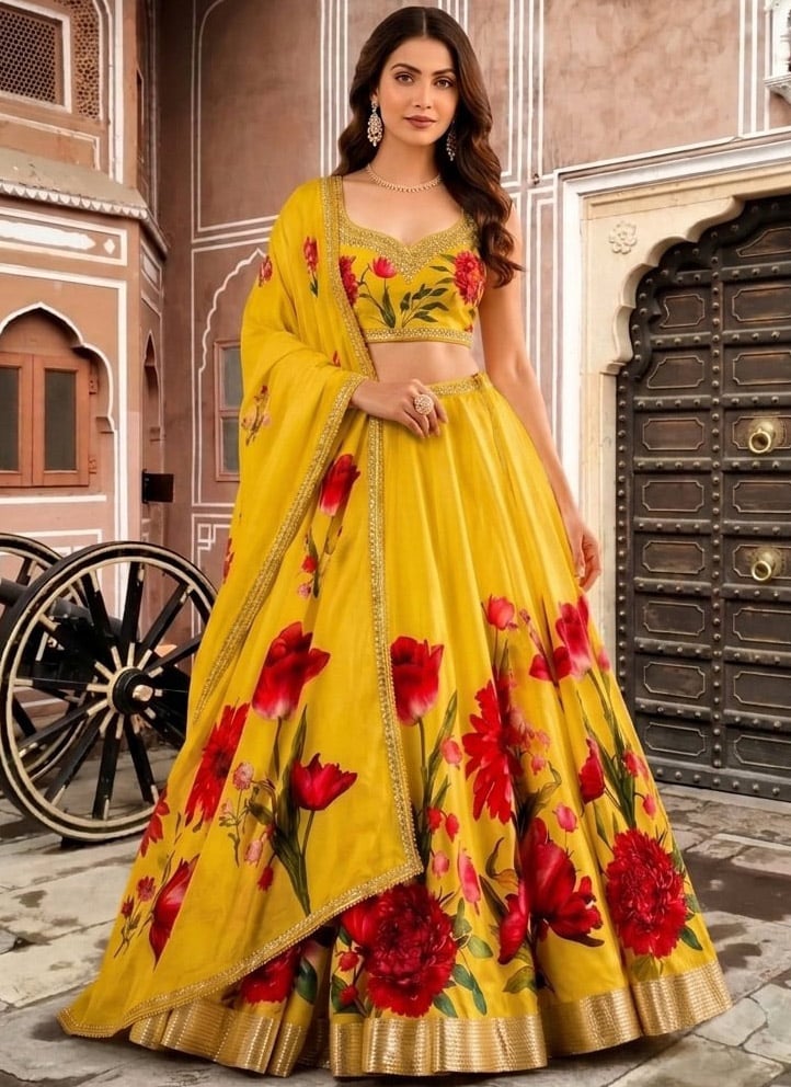 Yellow Chinon Silk Cutdana Sequins And Beads Hand Embroidered Digital Print Lehenga