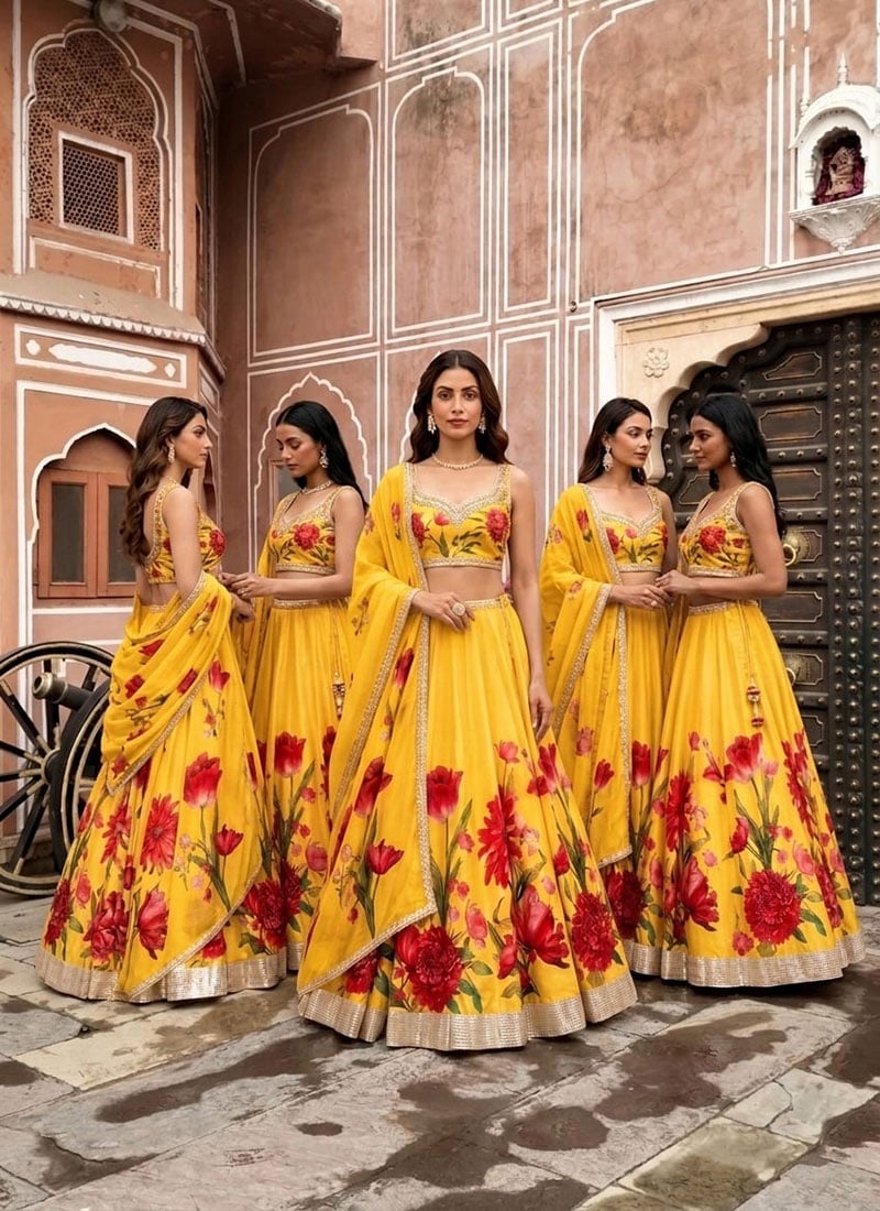 Yellow Chinon Silk Cutdana Sequins And Beads Hand Embroidered Digital Print Lehenga Wedding Wear