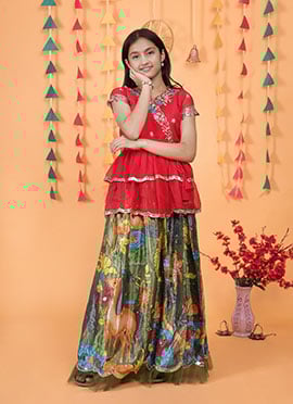 Green Chinon Silk Digital Print Embroidered Kids Girls Long Choli Lehenga