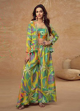 Green Chinon Silk Digital Print Embroidered Sequins Indowestern Jacket Palazzo Set
