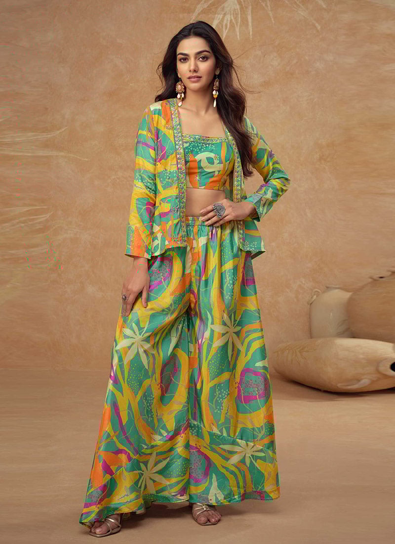 Green Chinon Silk Digital Print Embroidered Sequins Indowestern Jacket Palazzo Set Wedding Wear-IWSUSCC57457505A