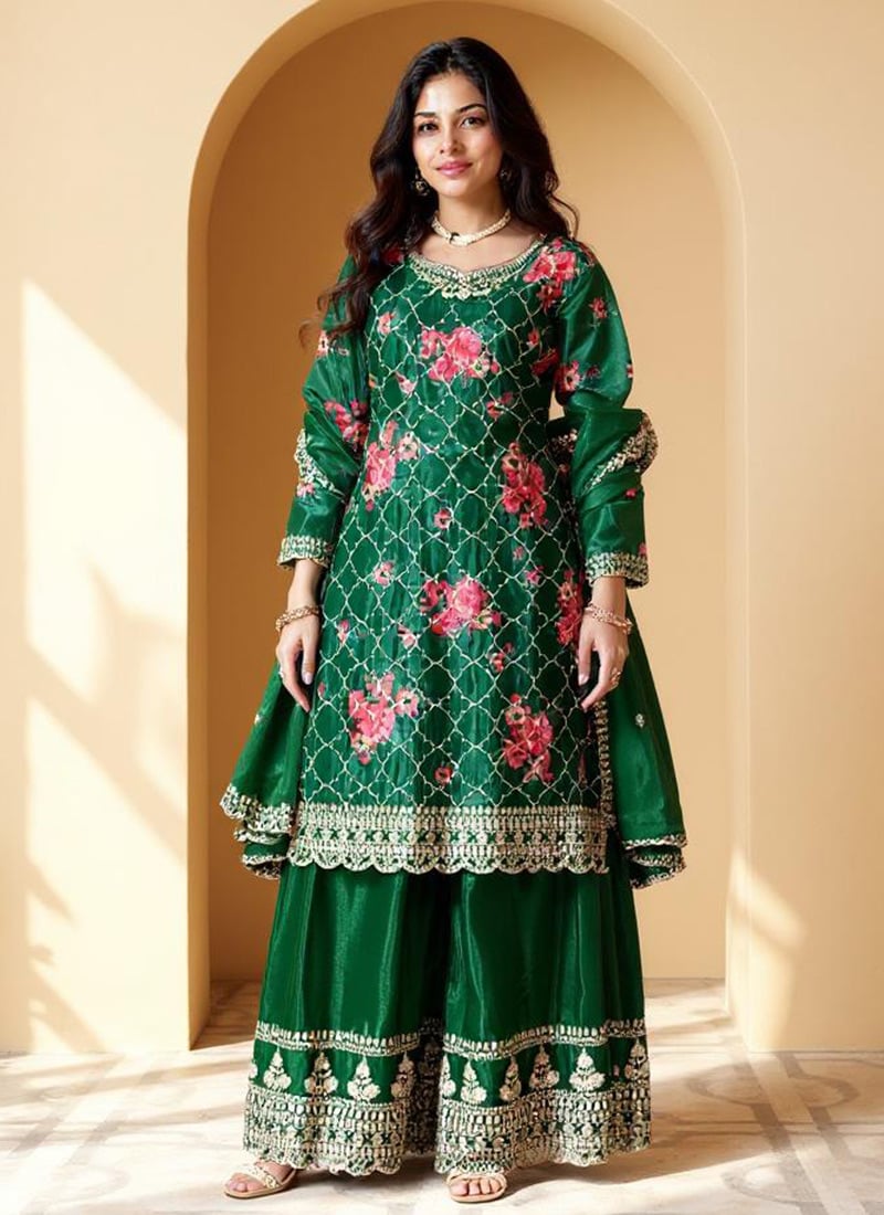 Green Chinon Silk Digital Print Embroidered Sequins Palazzo Suit