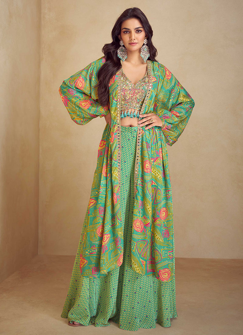 Green Chinon Silk Digital Print Embroidered Sequins With Mirror Work Indowestern Jacket Palazzo Set Wedding Wear