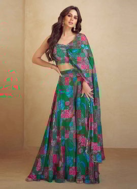 Green Chinon Silk Digital Print Embroidered Sequins With stone Work Indowestern Palazzo Set