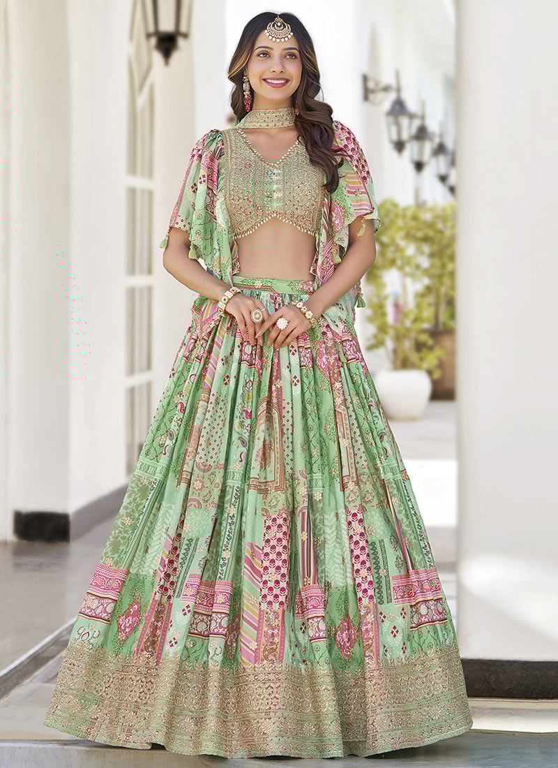 Green Chinon Silk Digital Print Zari Embroidered Lehenga