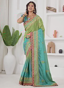 Green Chinon Silk Embroidered And Coding Work Saree Festive Wear