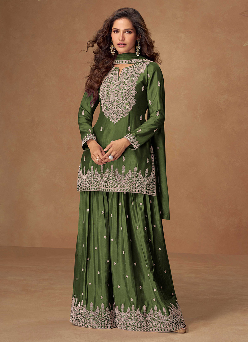 Green Chinon Silk Embroidered Palazzo Suit Festive Wear