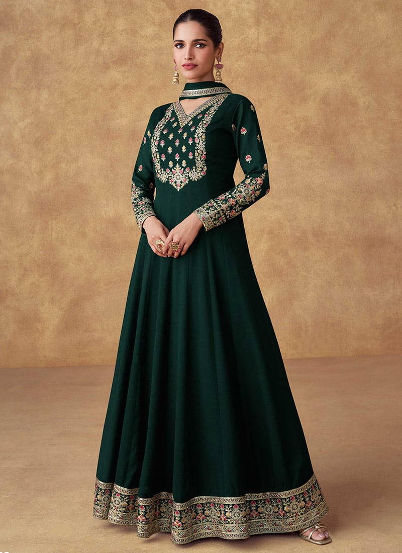 Green Chinon Silk Embroidered Sequins A Line Anarkali Suit Classy Wear Festive Wear