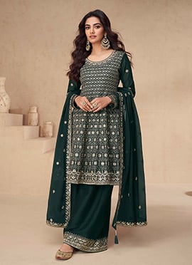 Green Chinon Silk Embroidered Sequins A Line Palazzo Suit