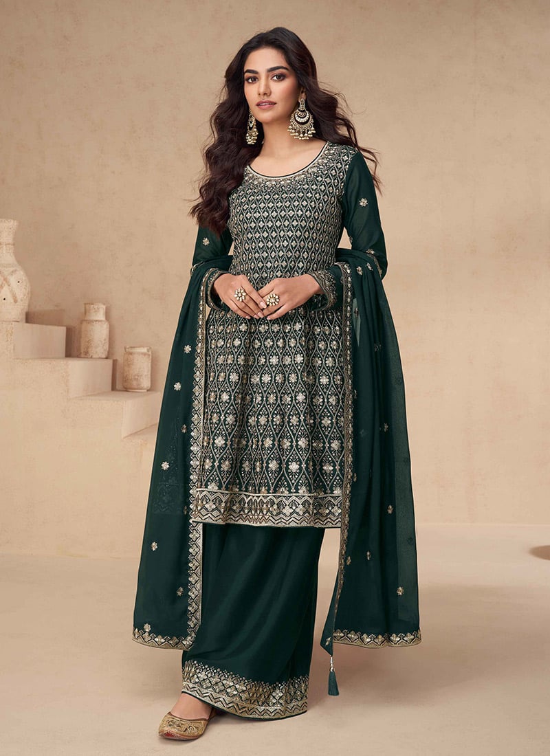 Green Chinon Silk Embroidered Sequins A Line Palazzo Suit Festive Wear