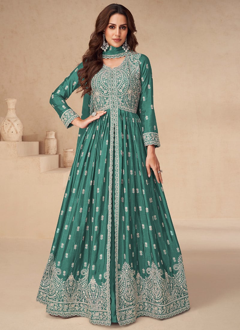 Green Chinon Silk Embroidered Sequins Classy Anarkali Lehenga Wedding Wear