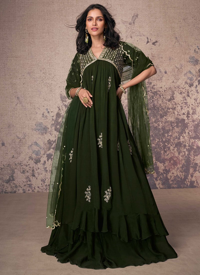Green Chinon Silk Embroidered Sequins Classy Anarkali Suit Wedding Wear-SLSCC53415547