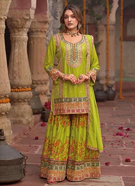 Green Chinon Silk Embroidered Sequins Mirror Work Digital Print Sharara Suit